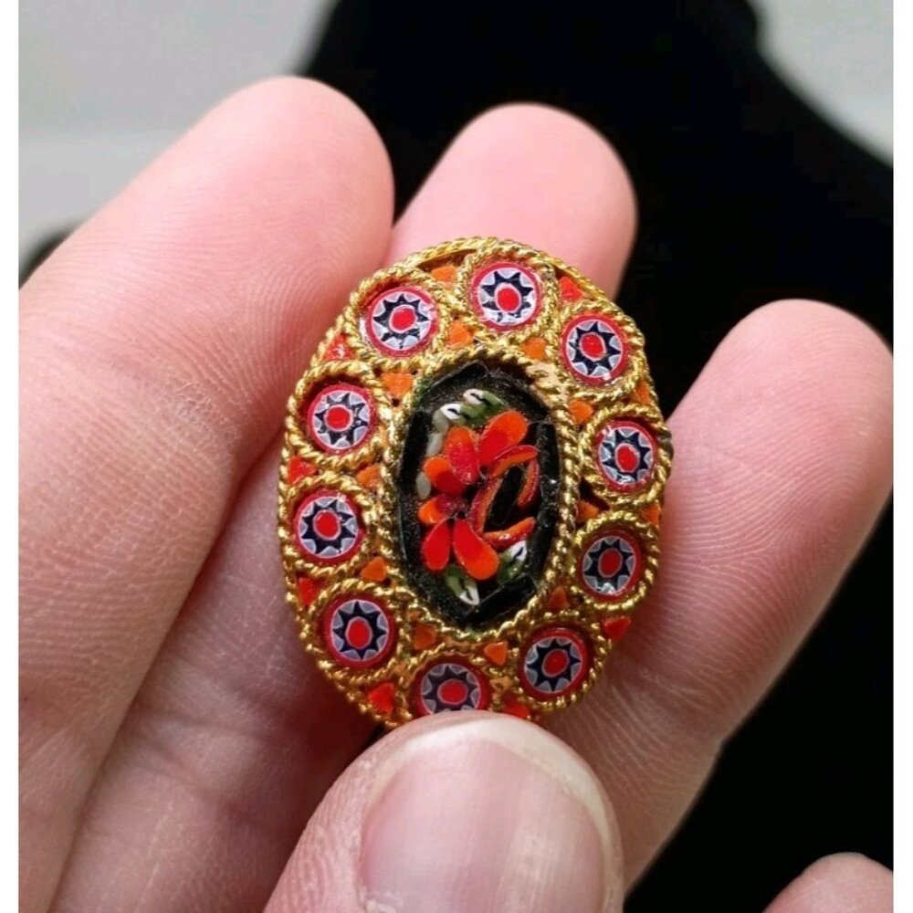 Vintage Italian Micro-Mosaic Red Floral Oval Pin Gold-Tone Wrapped